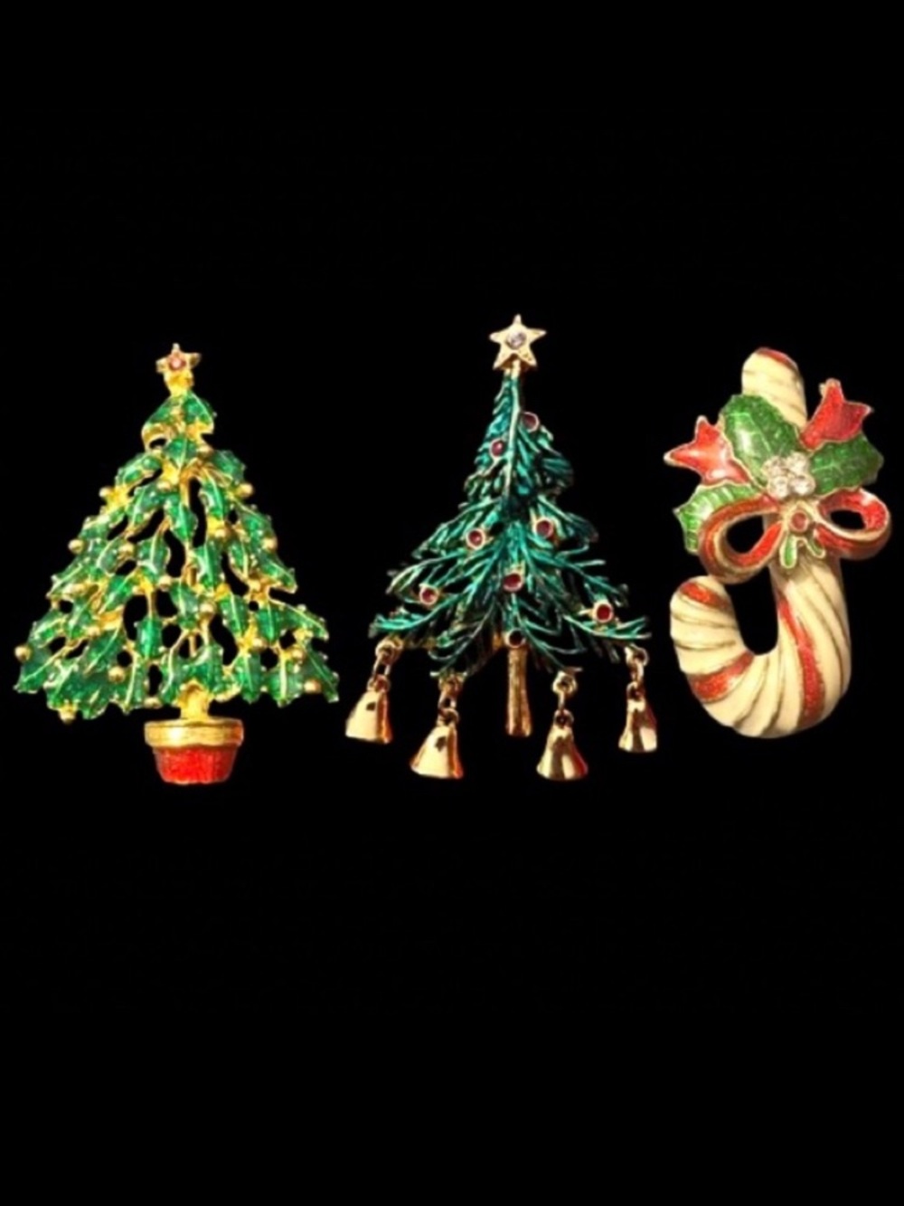 Lot of 3 Vintage Gold Tone Enameled Metal Christmas Tree & Candy Cane Brooch